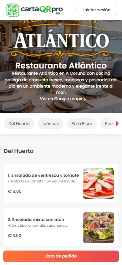 Carta real Restaurante Atlantico publicada con CartaQRPro