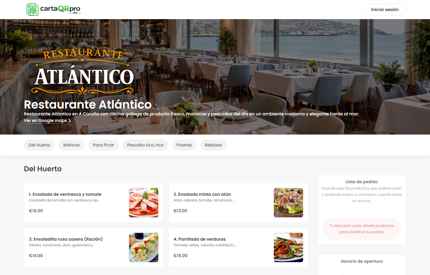 Carta digital real de Restaurante Atlantico en CartaQRPro